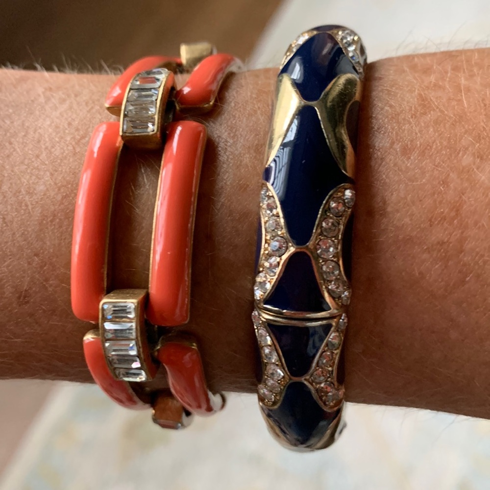 Lot of 2 J Crew enamel and rhinestone bracelets coral and navy